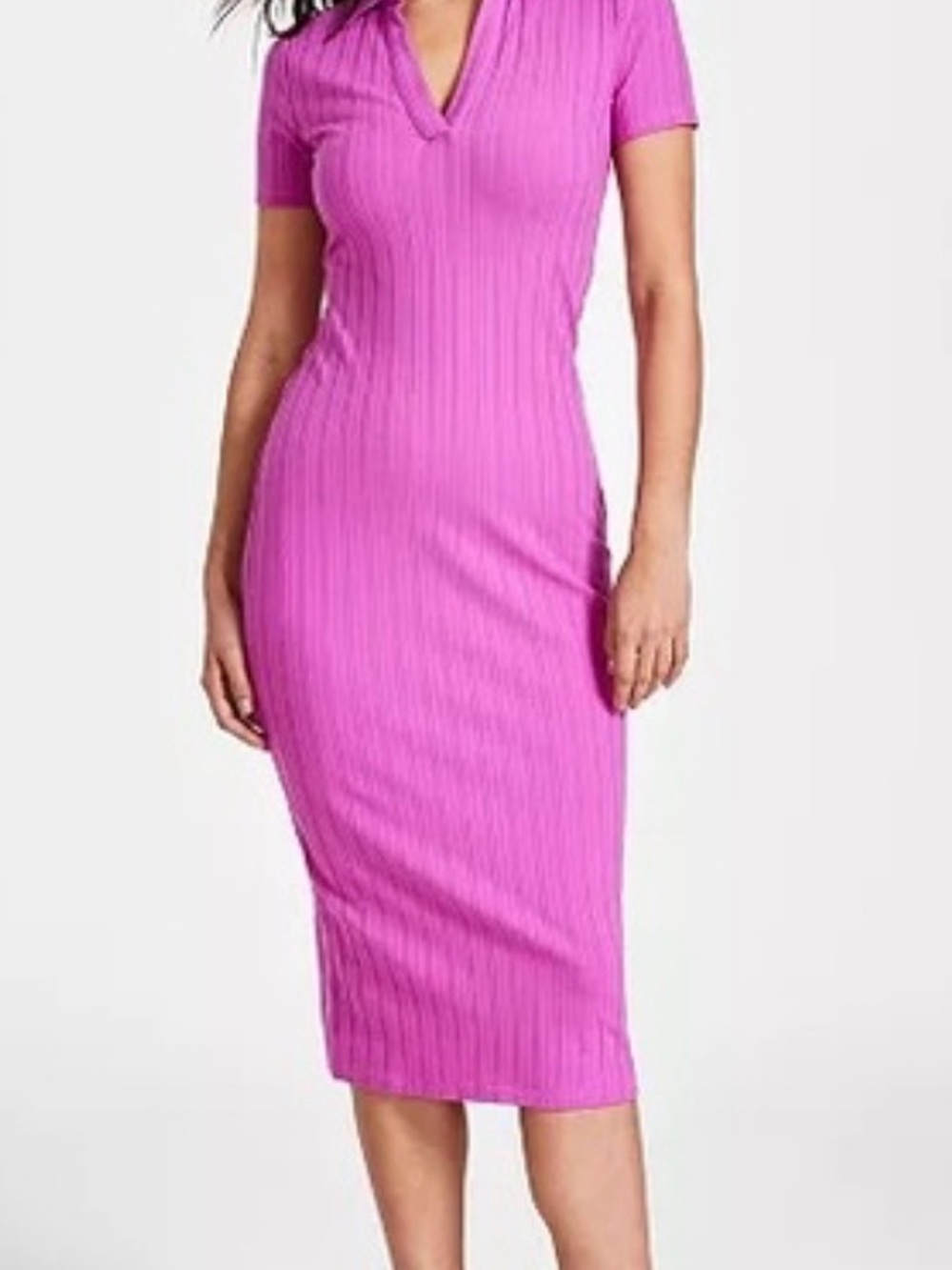 Bar III Fitted Ribbed V-Neck Midi Dress in Fuchsia Pink
